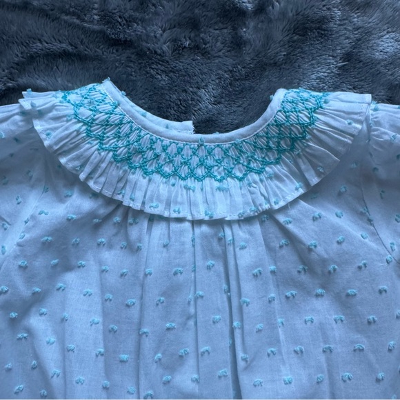 Edgehill Collection Baby Girls' Round Smocked Swiss Dot Romper 9M White Aqua NWT - Picture 3 of 7